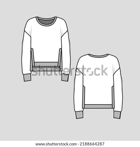 High Low Hem Ribbed Sweat shirt Side Slit drop shoulder Crew Neck Long Sleeve Ribbed cuffs  fashion t shirt top blouse  Flat Sketch technical drawing template design vector