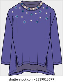 HIGH LOW HEM TUNIC LENGTH CUT AND SEW PATTERN CARDIGAN WITH SLIT AND RHINESTONE EMBELLISHMEN DETAIL DESIGN FOR WOMEN AND GIRLS IN EDITABLE VECTOR FILE