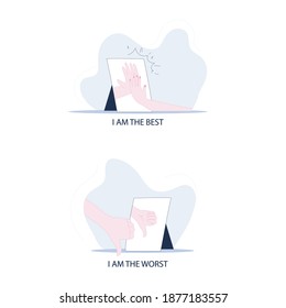Alta y baja autoestima, dedo abajo, boo, soy el mejor, el peor, mano en espejo, reflejo. Ilustración vectorial simple