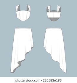 High low skirt and corset top fashion flat technical sketch drawing template. CAD outfit design vector illustration template. fashion CAD mock up design for garment, apparel template.