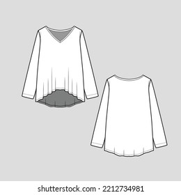 High Low T shirt top V Neck long sleeve dip hen ruffles fashion cad flat sketch drawing design template