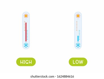 High and low temperature antonyms word card flat vector template. Flashcard for english language learning. Hot and cold opposites concept. Weather thermometer illustration with typography