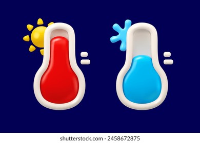 Conjunto de iconos de temperatura alta y baja. Vector 3d simple termómetro símbolo. Sol y copo de nieve, Elementos de diseño de dibujos animados de Clima aislados en un fondo oscuro