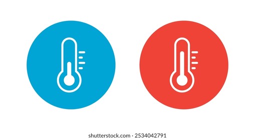 High and low temperature thermometer flat vector icons set on white background. Hot and cold weather simple stickers in circles. 