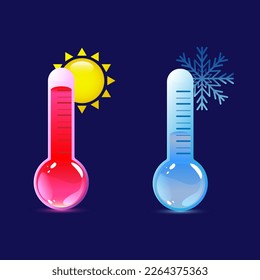 High and low temperature thermometers. Concept of hot and cold weather. Isolated vector illustration