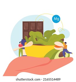 High Magnesium Foods Balanced Diet Flat Concept With Human Hand Holding Bowl Of Healthy Products And Two Tiny People Vector Illustration