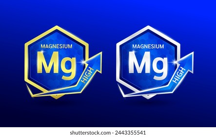 High magnesium minerals in hexagon shape aluminum gold and silver with shine arrow. Used for design nutrition supplement products. Vitamins label symbol logo 3D on blue background. Vector EPS10.