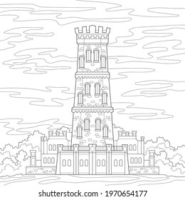 High medieval brick tower with semi-circular windows, trees and grass, sky and clouds. Architecture illustration on a white isolated background. For coloring book pages.