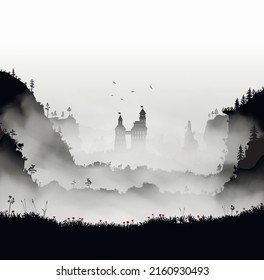 High medieval castle with birds flying above it inside fog clouds and with red poppy field in front of it. Black and white beautiful landscape. Vector illustration.