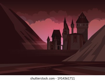 High medieval stone castle with towers in mountains at night flat vector illustration