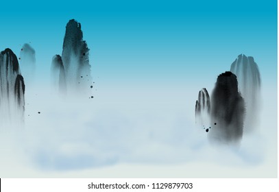 High misty mountains, blue sky and clouds. Traditional oriental ink painting sumi-e, u-sin, go-hua