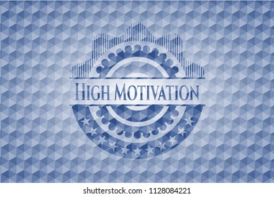 High Motivation blue badge with geometric background.