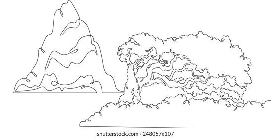 High mountain. Beautiful lonely tree on the shore. Rocky island. Mountain near a lake. Landscape. One continuous line drawing on a white isolated background. Minimalism linear illustration.