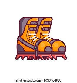 High mountain climbing boots icon in line style. Mountaineering and ice snow hiking climbing footwear emblem in flat design. Alpine touring and extreme sport shoes with crampons.
