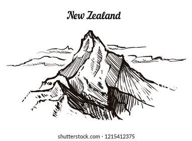 High mountain in the clouds of New Zealand hand drawn sketch illustration.Isolated on white background,