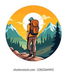 High mountain hiking and trips to the countryside. vector illustration, isolated background, label, sticker