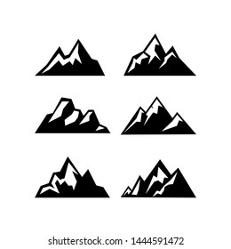 High mountain icon logo vector illustration design template.Mountain top black silhouette with snowy peak. Mountain tourism and rock climbing icon set. Vector design element modern style for logotype.