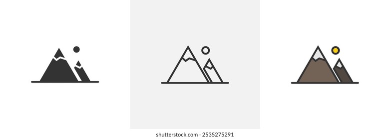 Diseño de Ilustración vectorial de logotipo de icono de alta montaña. Conjunto de iconos de Vector negro de las montañas.