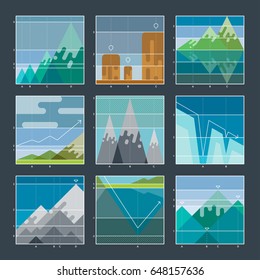 High mountain infographic diagrams and charts icons. Elevation grid. High mountain profile graph badges. Vector Illustration for business. Flat with thin lines.