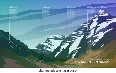 High Mountain Landscape Infographic. Hiking Trail In National Park. Wilderness. Spectacular View. Web Banner. Vector Illustration.