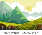 High mountain landscape view, sunset outdoor forest tree, concept sunrise lake national park woodland cartoon vector illustration.