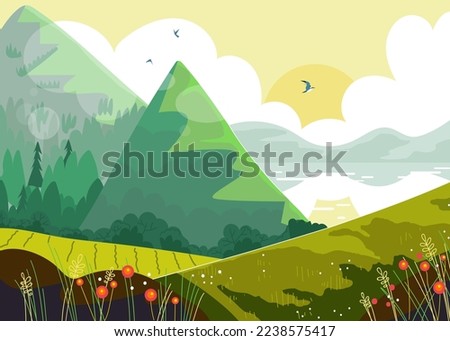 High mountain landscape view, sunset outdoor forest tree, concept sunrise lake national park woodland cartoon vector illustration.