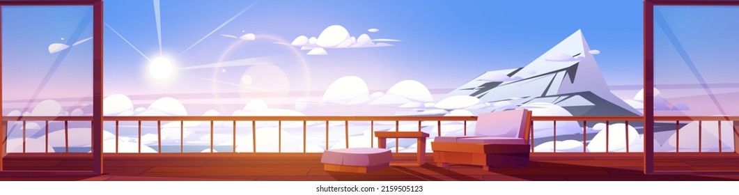 High mountain landscape with wooden house terrace and white clouds. Vector cartoon illustration of cottage or chalet veranda or balcony with couch and table and panorama of snow rock summit