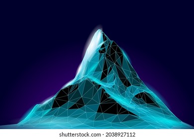Alto paisaje de montaña en 3D. Alcance de objetivo abstracto de la estructura de viajes de tecnología. Concepto de trabajo en equipo de éxito empresarial. Ilustración vectorial de vacaciones de invierno