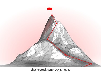 High mountain peak 3D landscape. Technology structure grid abstract goal reaching. Business success teamwork concept. Achievement goal vector illustration