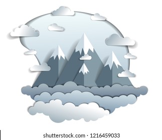 High mountain peaks range scenic landscape of summer with clouds in the sky, paper cut style childish illustration, holidays, travel and tourism theme.   