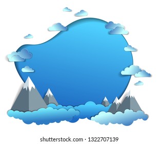 High mountain peaks range scenic landscape of summer with clouds in the sky, frame or border with copy space, paper cut style childish illustration, holidays, travel and tourism theme.