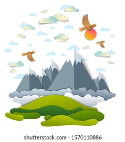 High mountain peaks range scenic landscape of summer with clouds birds and sun in the sky, paper cut style childish illustration, holidays, travel and tourism theme.