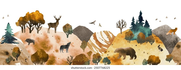 High mountain ranges with animals, birds and trees seamless vector border. Autumn watercolor seamless pattern for textile, page fill, banner, web design, wallpaper. Collage with watercolor texture