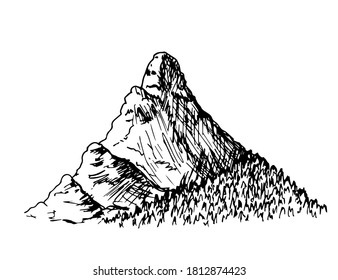 Alta montaña, roca cubierta de bosque, naturaleza salvaje. Turismo, viajes. Dibujo vectorial dibujado a mano en estilo de grabado. Para impresiones, postales, etiquetas.