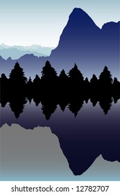 High mountain and silhouetted pine trees reflected in alpine lake