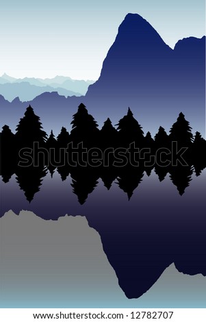 High mountain and silhouetted pine trees reflected in alpine lake