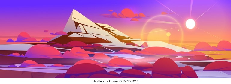 High mountain top landscape at sunset. Vector cartoon illustration of rock range summit scene with evening sun and peak with snow and ice above red soft clouds