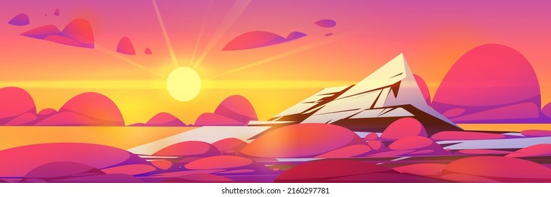 High mountain top landscape at sunset. Vector cartoon illustration of rock range summit scene with evening sun and peak with snow and ice above red soft clouds