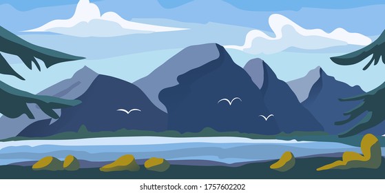 High mountain view landscape, alpine natural garden with fresh water lake background environment banner cartoon vector illustration. Outdoor forest and river place, intact nature national park.