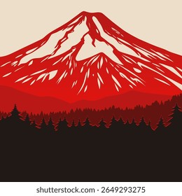 High mountains background seen from a distance, red and black forest vector shapes, illustration