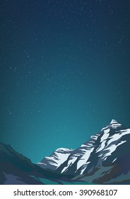 High mountains and calm clear sky with billion stars. Spectacular view. Blue glow Poster or banner. Modern realistic design. Vector illustration.