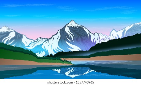 High mountains and calm lake water landscape with forest slopes and snowy peaks. Beautiful Natural landscape vector  illustration