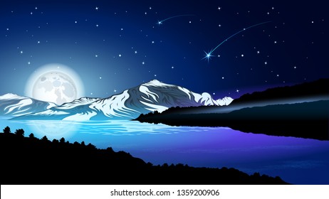 High mountains and calm river water landscape with forest slopes and snowy peaks. Huge full moon against the starry sky. Beautiful landscape vector  illustration