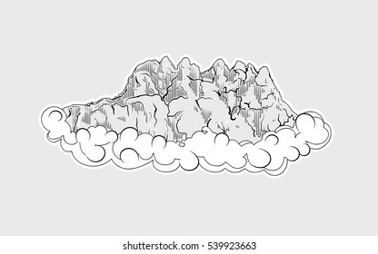 High mountains in clouds, stylized under engraving vector illustration