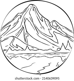 high mountains in front of the river hand draw vector illustration