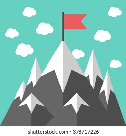 High mountains with ice peaks and red flag on turquoise blue sky. Mission, success, goal, purpose, dream, achievement, career, ambition concept. EPS 8 vector illustration, no transparency