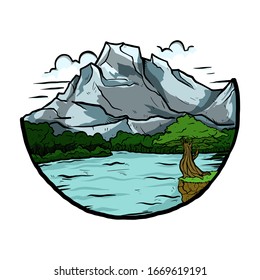 A high mountains with lakes and surrounding forests.