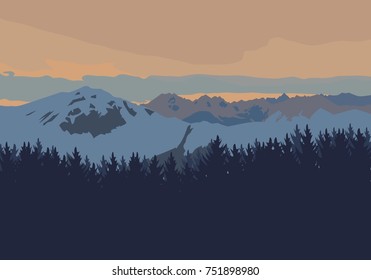 High mountains landscape at sunset. Flat vector illustration