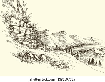 High mountains river landscape, surrounding hills slope and alpine meadows