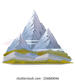 High mountains with sharp peaks and green piedmont in clouds, hills in grass, nature landscape, quality illustration, isolated